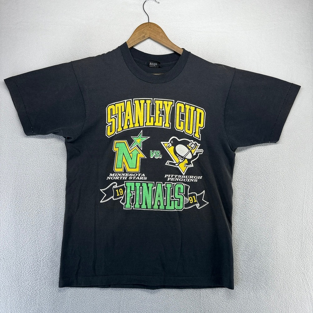 Vintage Minnesota North Stars Shirt Men's Large Black Sun Faded Penguins USA 90s